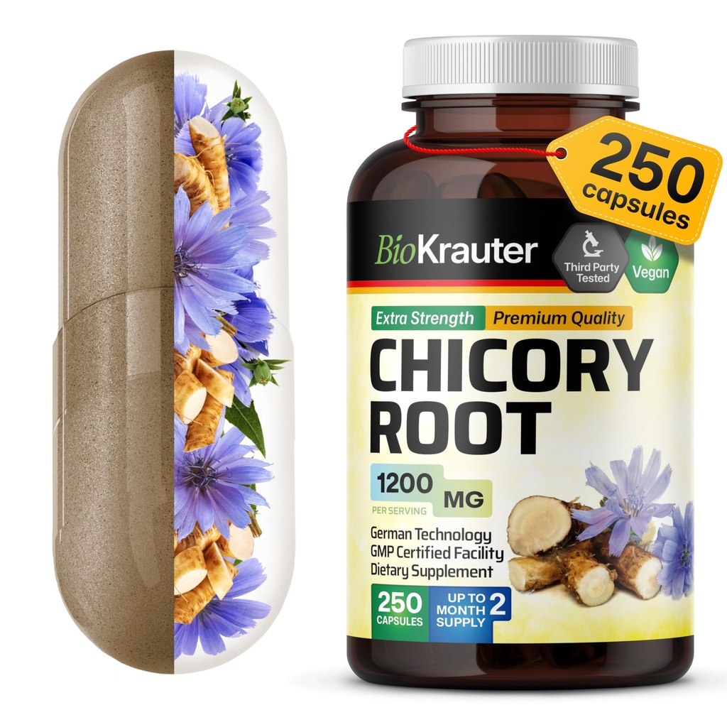 BIO KRAUTER 奇科里纤维增量 - 1200 mg 强度 - 250 计数 - 奇科里根粉 - Inulin Capsules 用于消化支持 - Vegan