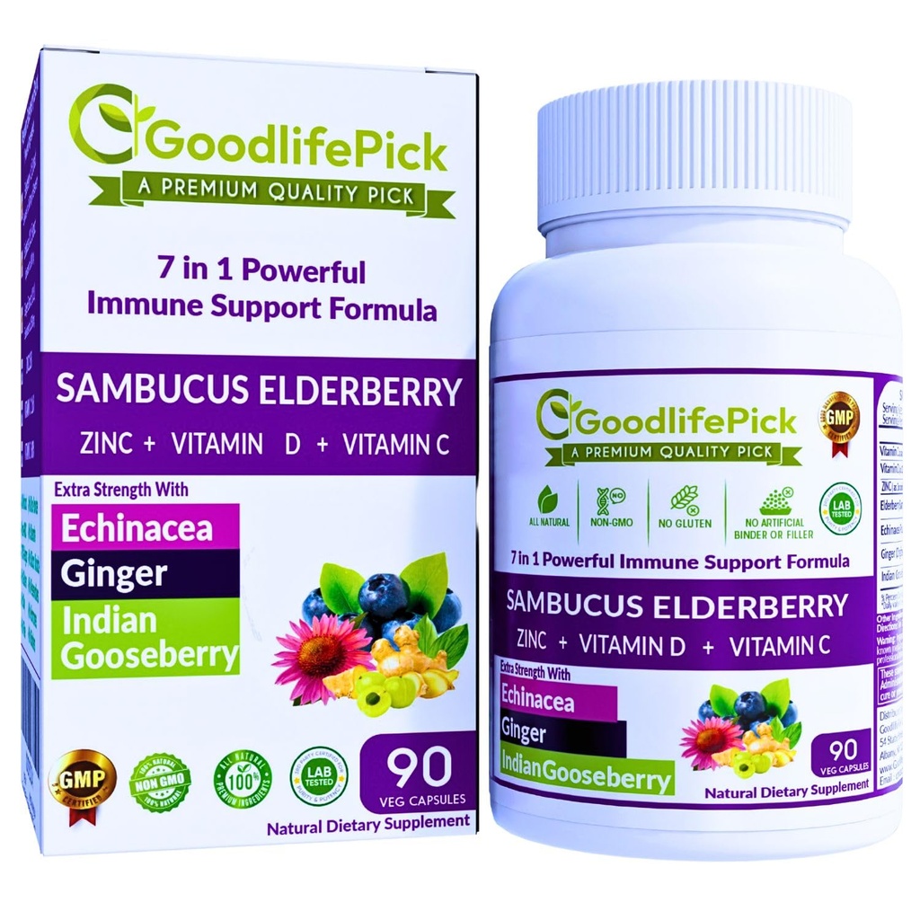7 in 1 配有 ZINC, 维生素C, 维生素D, Echinacea, Ginger 和 Indian Gooseberry (Amla)的老年莓. 草莓椒 90 厘米,全部天然,非GMO,维根,无稻粉,无葡萄
