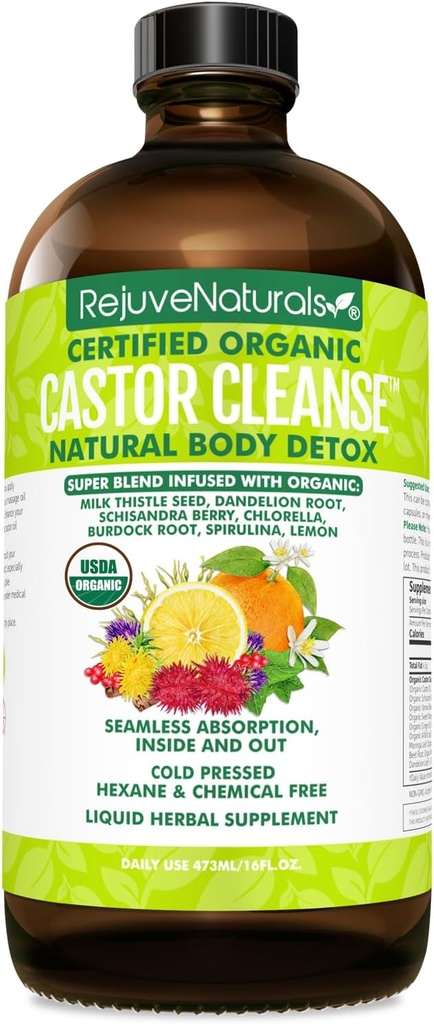 Rejuve Naturals Castor CleanseTM - UDA Castor Oil, Chlorella, Spirulina, Roots & Greens for Wellness, 消化支持,每日平衡. 3-Month Support Gut Cleanse Detox for Men & Men - 16oz.