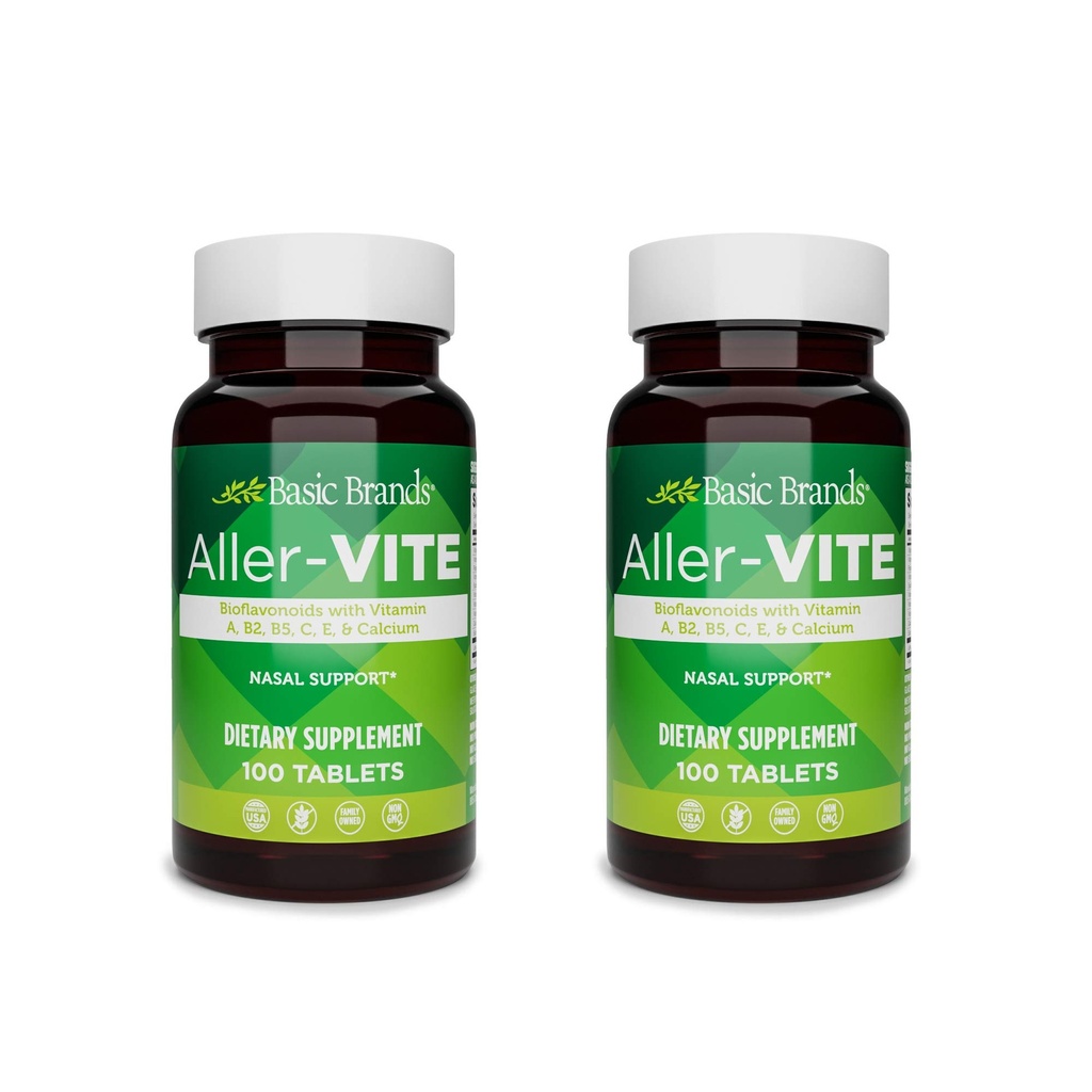 基本品牌 Aller-Vite - 天然过敏救济片 - Homopathic Sinus & Nasal 支持 Bioflavoids,维生素A, B2, B5, C, E & Calcium - 100 Vegan 药片 - 2-Pack