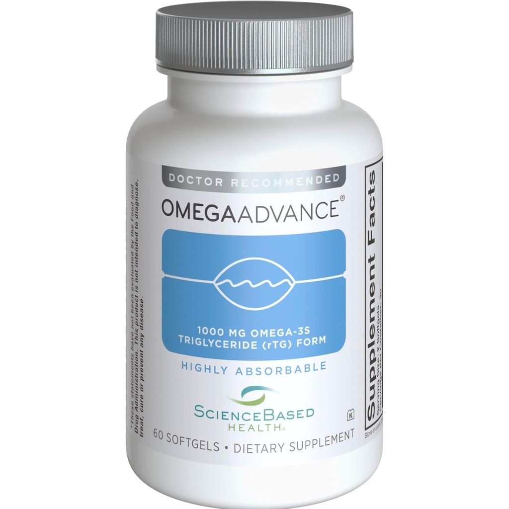 OmegaAdvance Omega-3 Fish Oil – Triglyceride Form with 1000 mg EPA & DHA – Plus Lutein & Zeaxanthin – 支持心脏,脑健康和眼部健康 – 柠檬合肥 – 60软胶