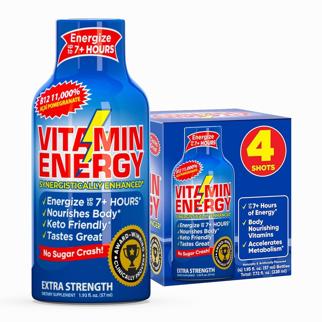 维生素能量 B12 11.1% 超强能量射击 Açaí Pomegranate 4 Pack, 260mg 天然咖啡因, B12 & B6, Nootropic Focus, Vitality, Zero Sugar, Gluten-Free, Vegan, Kosher, 1.93 fl oz