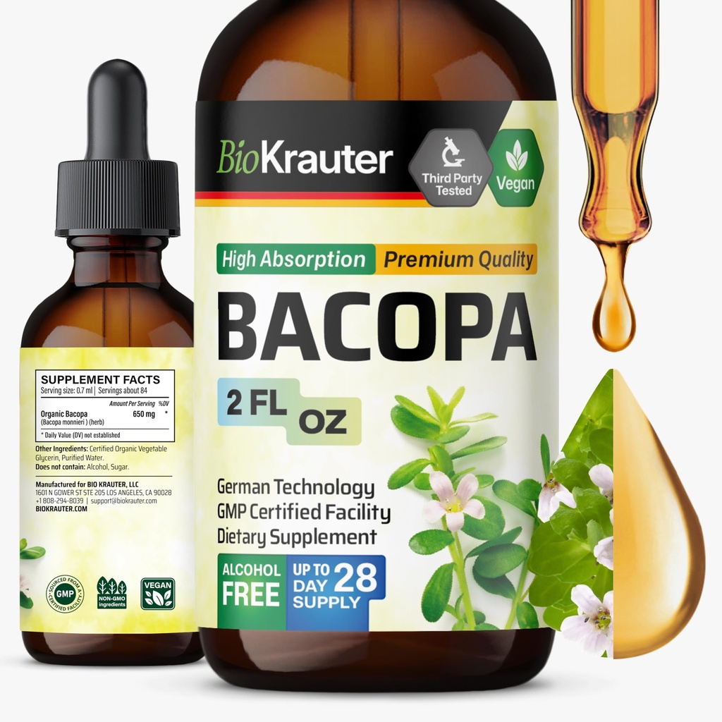 BIO KRAUTER Bacopa Monnieri Drops - 大脑支持婆罗门补充剂 - 液体巴科帕补充剂 - 酒精和糖无糖 - Vegan 2 Fl.Oz.