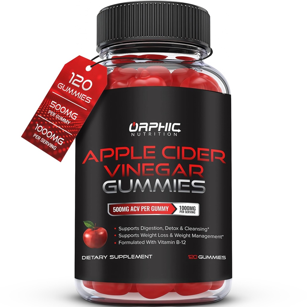 ORPHIC 营养 苹果苹果 苹果 Vider Vinegar Gummys - 1000mg - ACV 重量损失 Gummys - 支持文摘,Detox & Cleansing - VIT B12, Beetroot - Gomitas de Vinagre de Manzana (120 pcs)