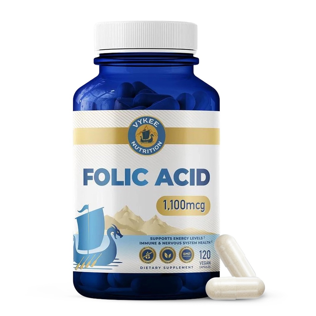 叶酸补充剂 — 高剂量维生素B9 1,870mg DFE Folate, 1,100mg Folic Acid → Vegan,非GMO → 支持细胞健康,能源生产和产前健康 → 120 Capsules