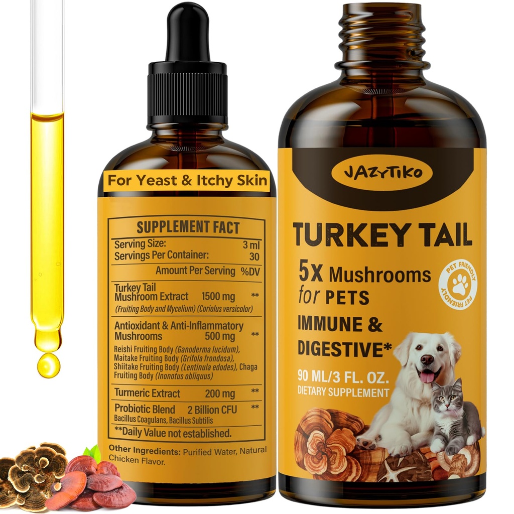 用于狗的Tail蘑菇 - 更快吸收 2000mg 土耳其 用于Immune & Digestive, Joint, Energy, 5X Mushroom for Pet Drop with Turmeric & Probiotic - Vet Produled, 90 ML/3FL.oz的蘑菇