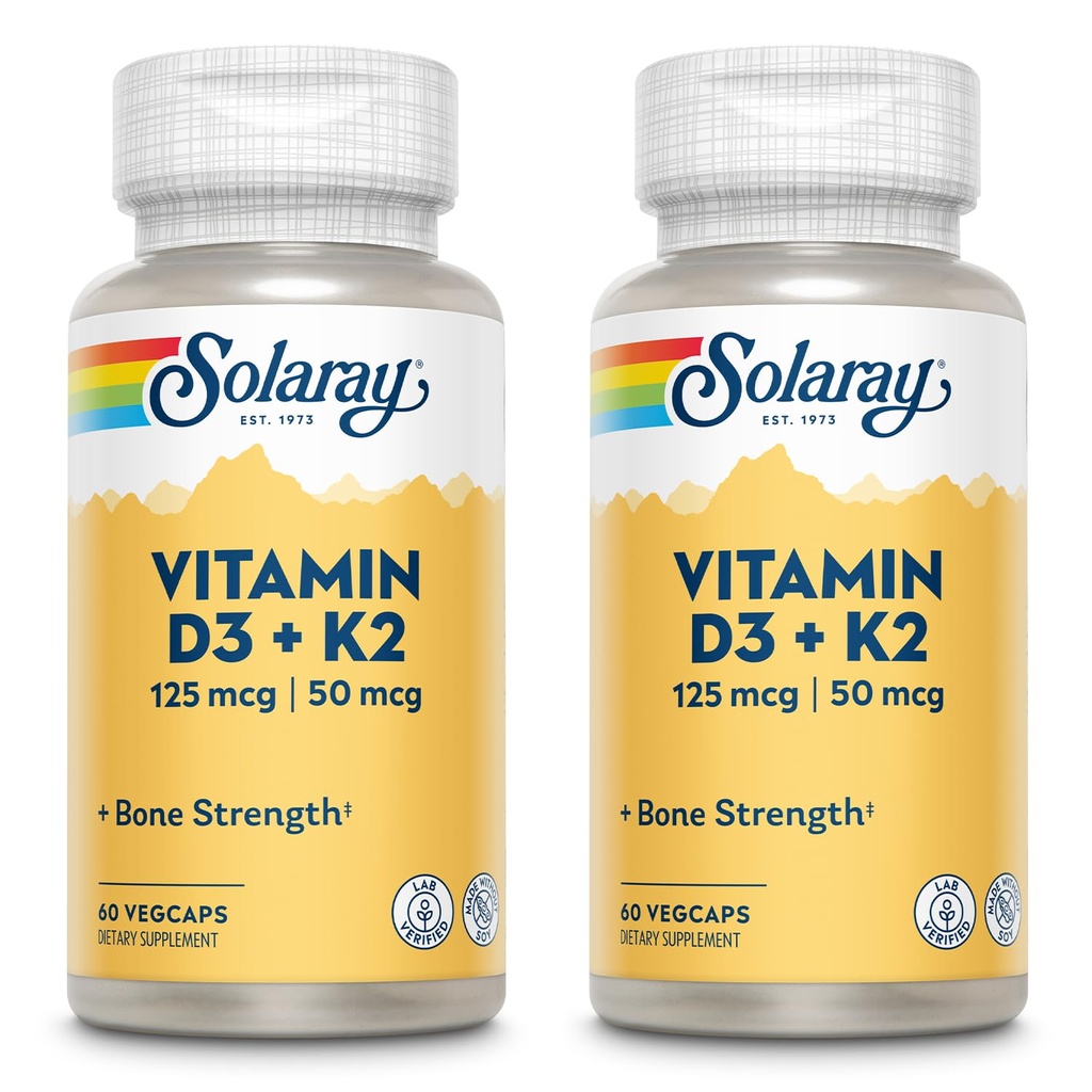 SOLARAY 维生素D3 + K2, 用于钙吸收和支持健康心血管系统及动脉, 非GMO 和 No Soy的维生素
