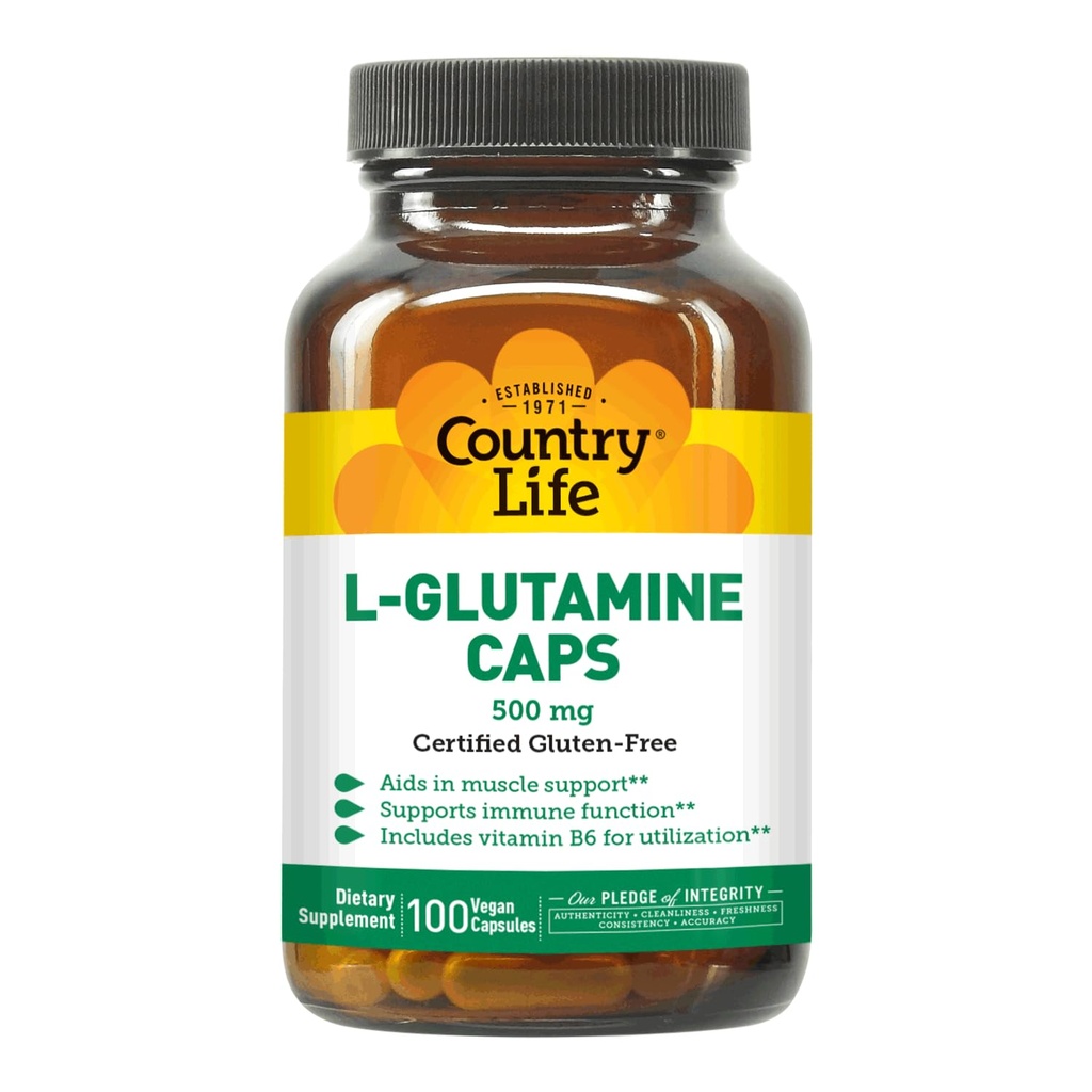 乡村生活 L-Glutamine 500 mg 配有 B6 – 支持肌肉恢复,耐力和运动性能 – Vegan, Gluten-Free, Kosher 氨基酸补充剂 – 100 Capsules
