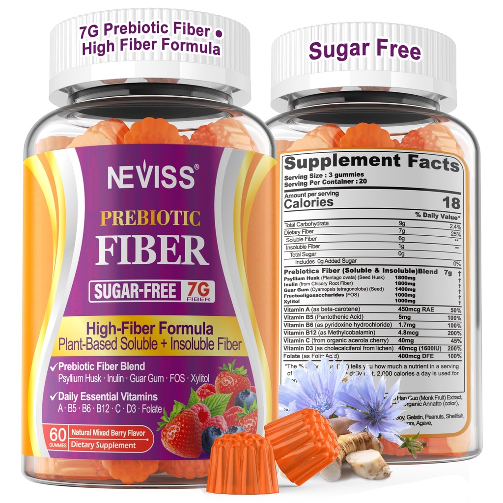 1Pack Fiber Gummys for Adults with Psyllium Husk, 7G(溶性+不溶性) Daily Prebiotive Fiber with Inulin, FOS, Guar Gum, 多维坦素用于日常消化健康, 常规性 Gut支持, Sugar Free