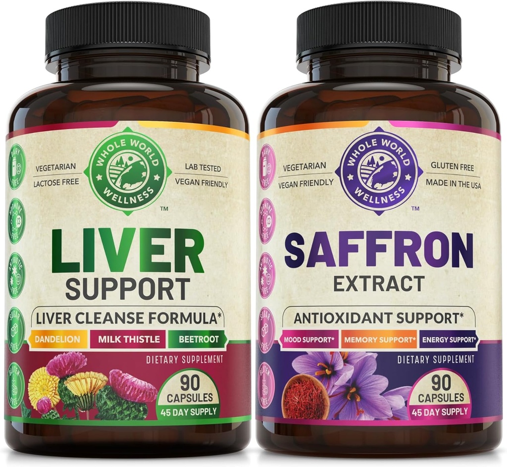 Liver Cleanse Detox Reference Formula and Pure Saffron Extract Bundle(每个瓶子一个). 支持liver Health, Energy Boost, Mood, Metabolic 函数. 美国制造。