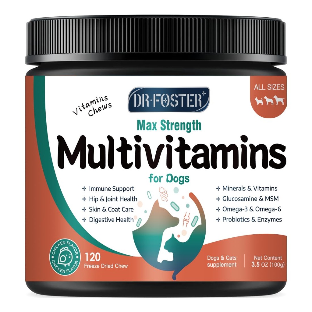 狗多维他明与Glucosamine, Omega 3, 矿物, 亲生素和酶, 狗维生素和联合, 皮肤和煤炭护理, 消化和免疫健康, 鸡肉 - 120 Chews