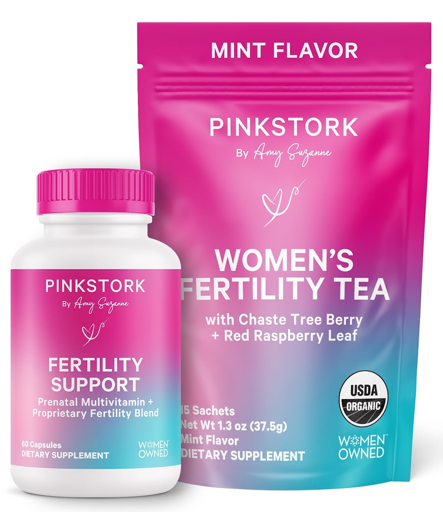 Pink Stork 生育率套装 妇女- 孕育茶+产前维生素支持 Inositol, Vitex, Folate & Ashwagandha – 支持荷尔蒙平衡,循环健康和孕育前健康