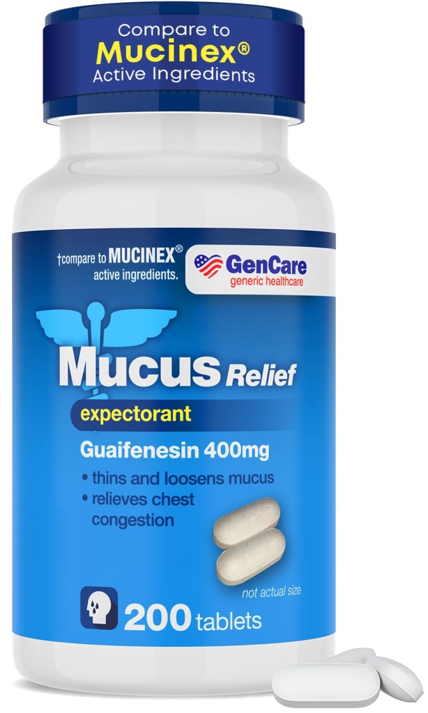GenCare Mucus Relief Expectant Guaifenesin 400 mg 200 平板电脑 价值包 - Mucus对冷、胸腔摄入、流感、咳嗽和过敏反应的快速代理