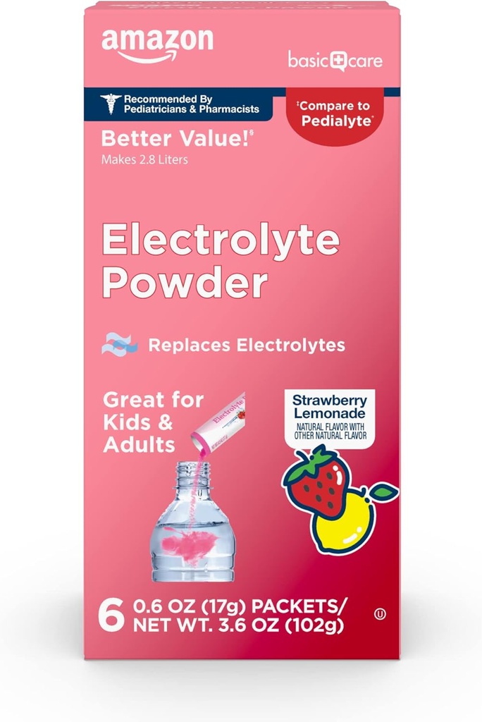   Basic Care Electrolyte Powder Packets, Strawberry Lemonade, 6 Count (Pack of 1)