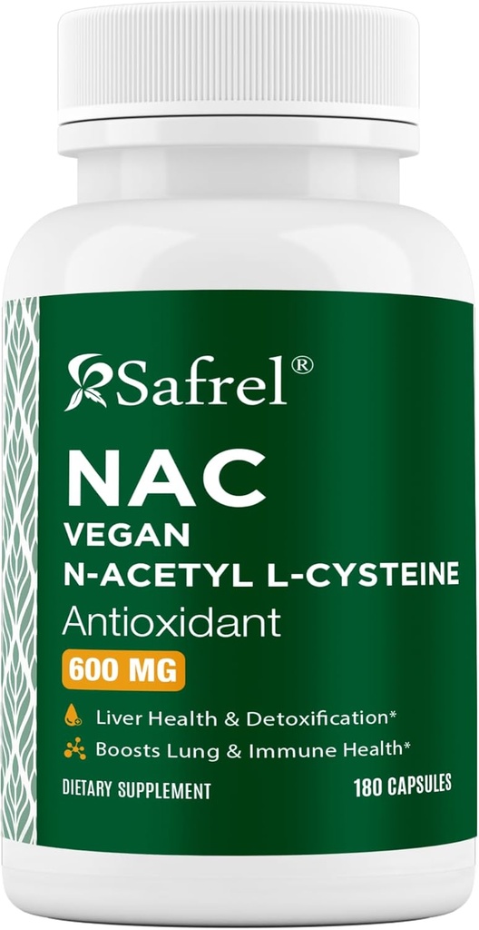 Safrel N-Acetyl-L-Cysteine (NAC) Capsules, 600mg, 180 counter, 呼吸器, Immune, Liver 健康强抗氧化剂支持, Free-radics, Easy to Absorb, 非GMO, Gluten Free