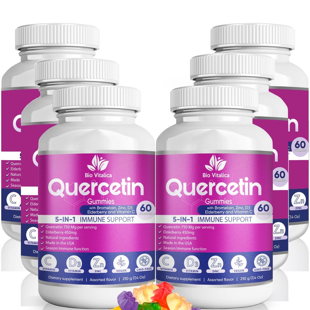 BioVitalica的Quercetin Gummys - 含有Bromelain维生素C的Quercetin 和 Zinc & Elderberry + Vitamin D3-5 在1 免疫支持中 - 儿童与成人的Zinc Quercetin 750 mg (6, Quercetin)
