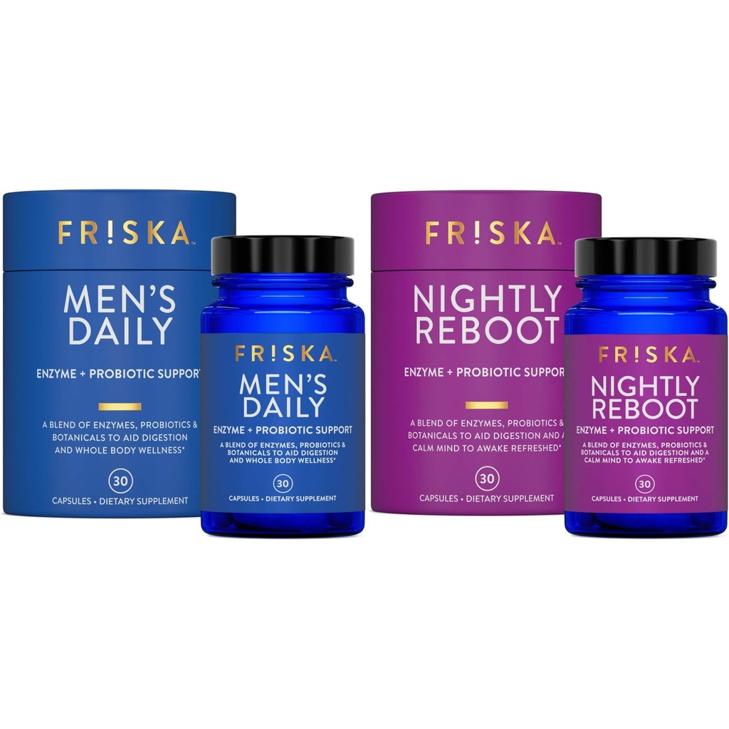 FRISKA MENS & Nightly Probiotic Bundle – 消化酶 & Probiotics 补充 – 雄性 & Nightime 消化与Bloating 支持 – 每瓶30卡普尔