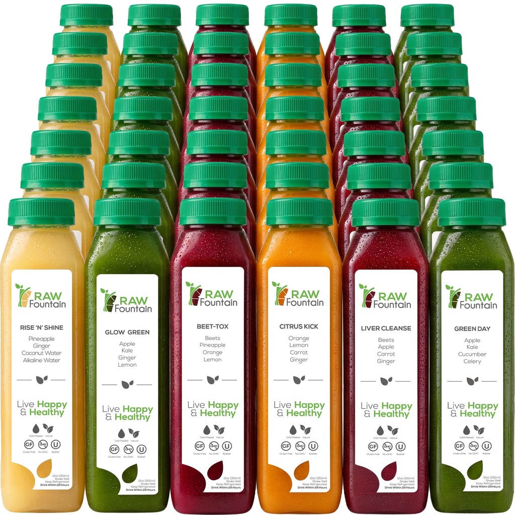 7 Day Juice Cleanse by Raw Fountain, All Natural Raw Detox Cleanse, Cold Pressed Juice Fast, Great Way to Jumpstart a Healthy Diet, Kosher, Vegan, NO Sugar Added, 42 Bottle 12oz