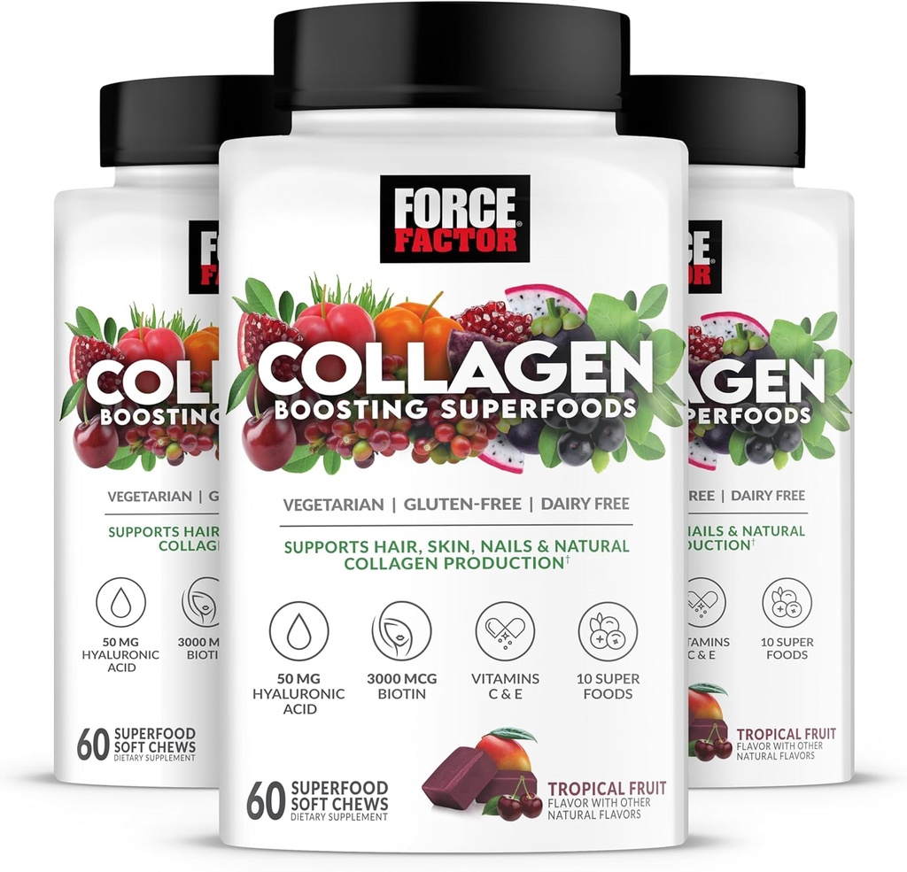 FORCE FACTOR Collagen 促销超级食品,Vegan Collagen 促销女性,有Biotin, Hyaluronic Acid, 和维生素C, 用于头发,皮肤,钉子, 和联合支持, 热带水果, 180软咀嚼, 3-Pack