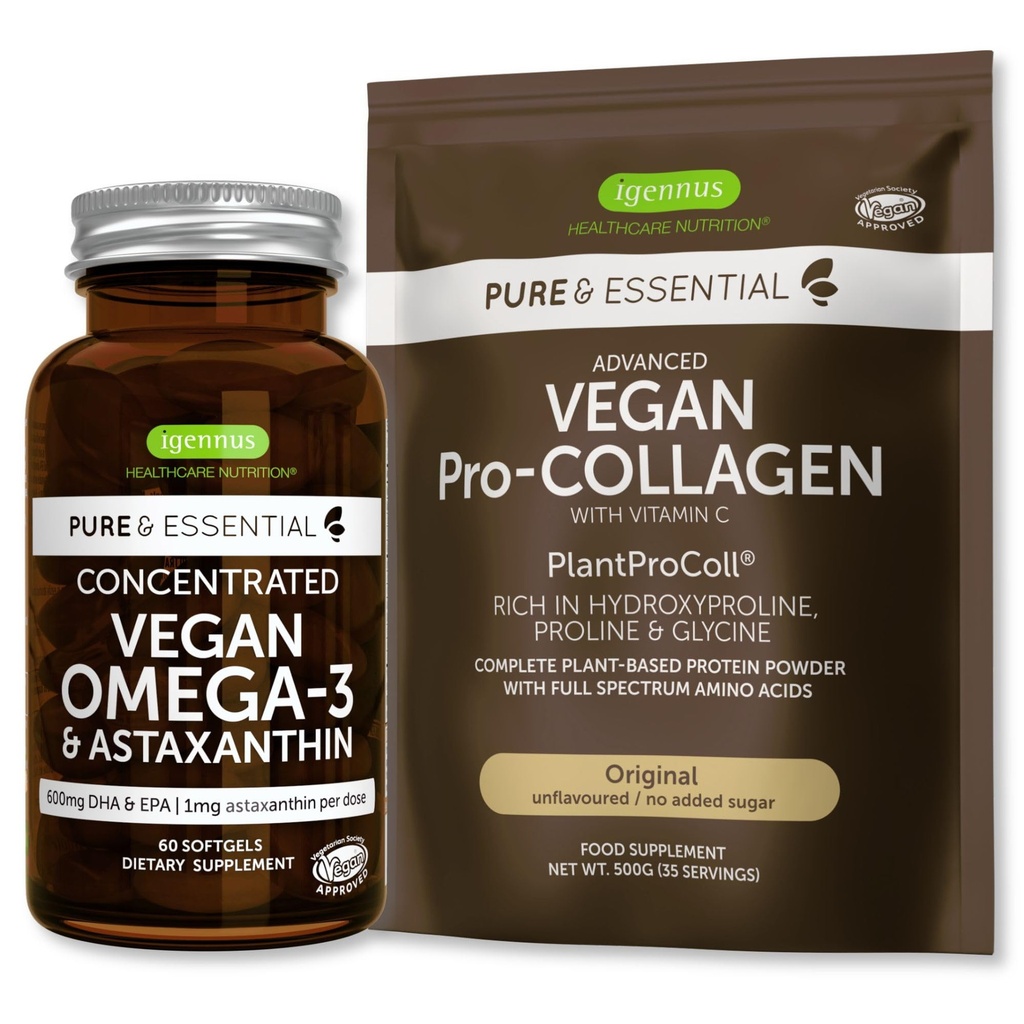 纯和基本 Vegan Collagen 蛋白蛋白粉 & Vegan Omega 3 Bundle, 完整 Collagen 助推公式和可持续藻类油 1340 mg, 作者: Igennus