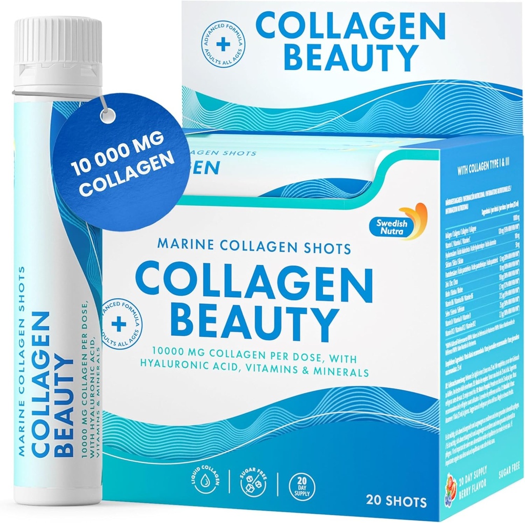 瑞典的Nutra - Collagen Beauty → 10,000 mg 水解海洋Collagen 液体补充剂 - 20 x 25 ml 每日射击 → Hyaluronic Acid and Vitamin C 支持健康头发,皮肤,钉子 → 无糖