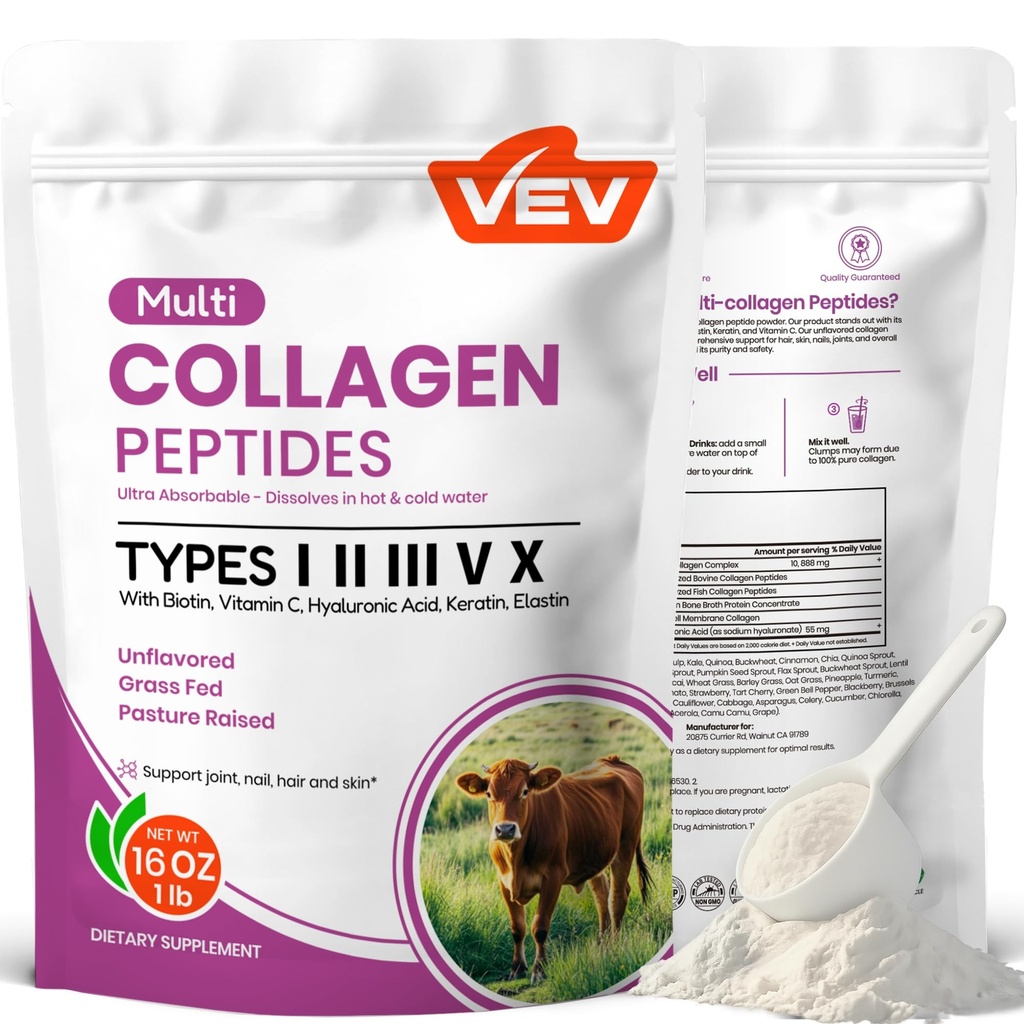 VEV 多Collagen Peptides Powder, 16 oz(41 services) – I型, II型, III型, V型, X型, 水解Collagen, Hyaluronic Acid Power, Biotin, 维生素C, 支持皮肤, 不受欢迎, 易溶