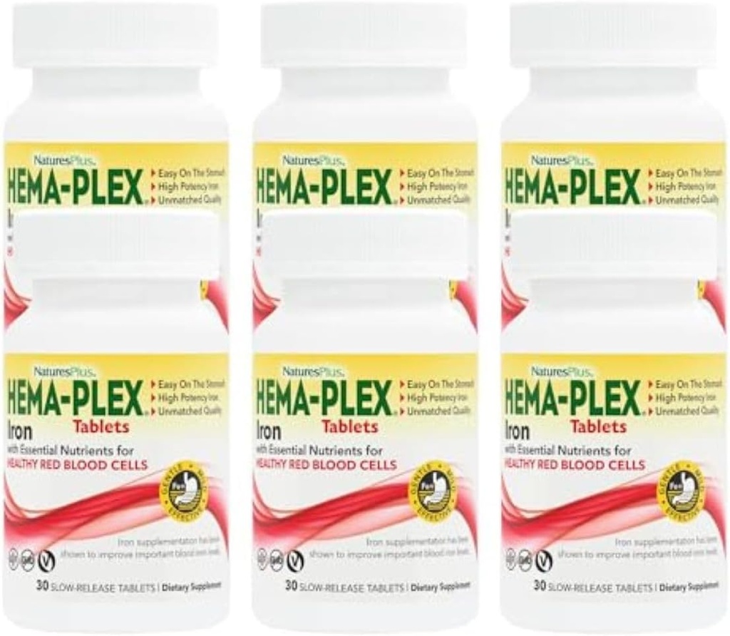 NatusPlus Hema-Plex铁 - 30 持久释放片,包装6-85 mg元素铁 - 总血液健康 - 维生素C & Bioflavoids - Vegan, Gluten Free - 180 总服务