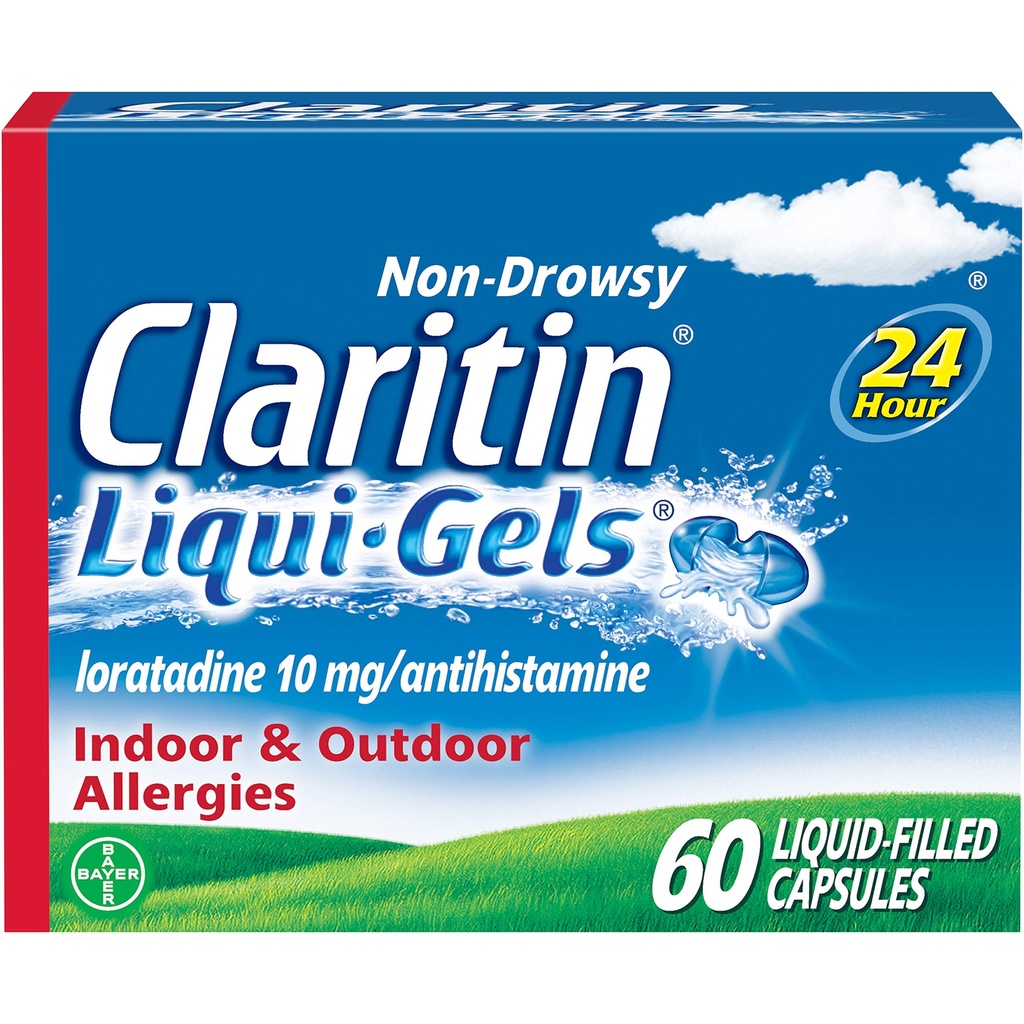 Claritin Liqui-Gels 24小时过敏救济、非昏睡过敏医学、Loratadine 抗希斯坦胺 Capsules, 60 Counter