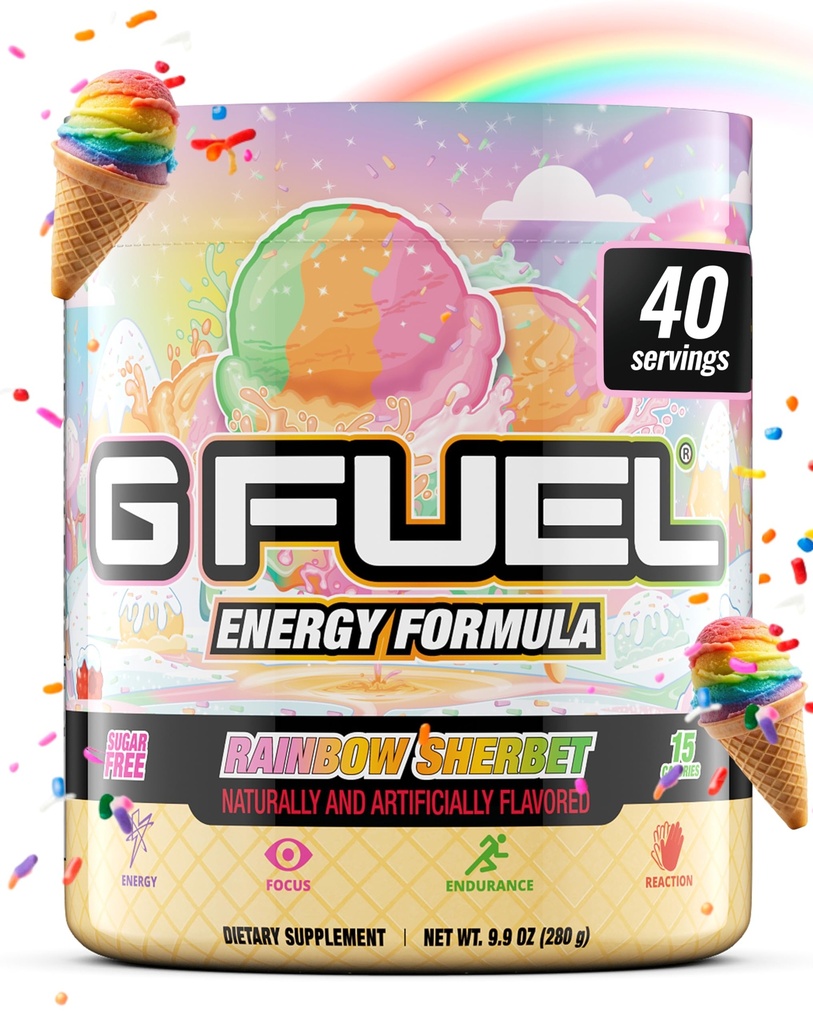 G Fuel Rainbow Sherbet Energy Drinking Powder, Pre Workout Cafeine Mix for Gaming, 免糖聚焦氨基,维生素+抗氧化剂, 9.9oz (Rainbow Sherbet, 40 services) (英语).
