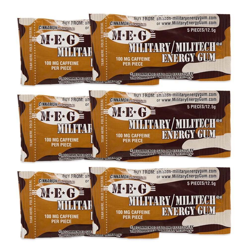 MEG - 军用能源 Gum |100mg的咖啡因单片 + 增加能量 + 靴形体能 + 肉桂6 Pack(30个计数)