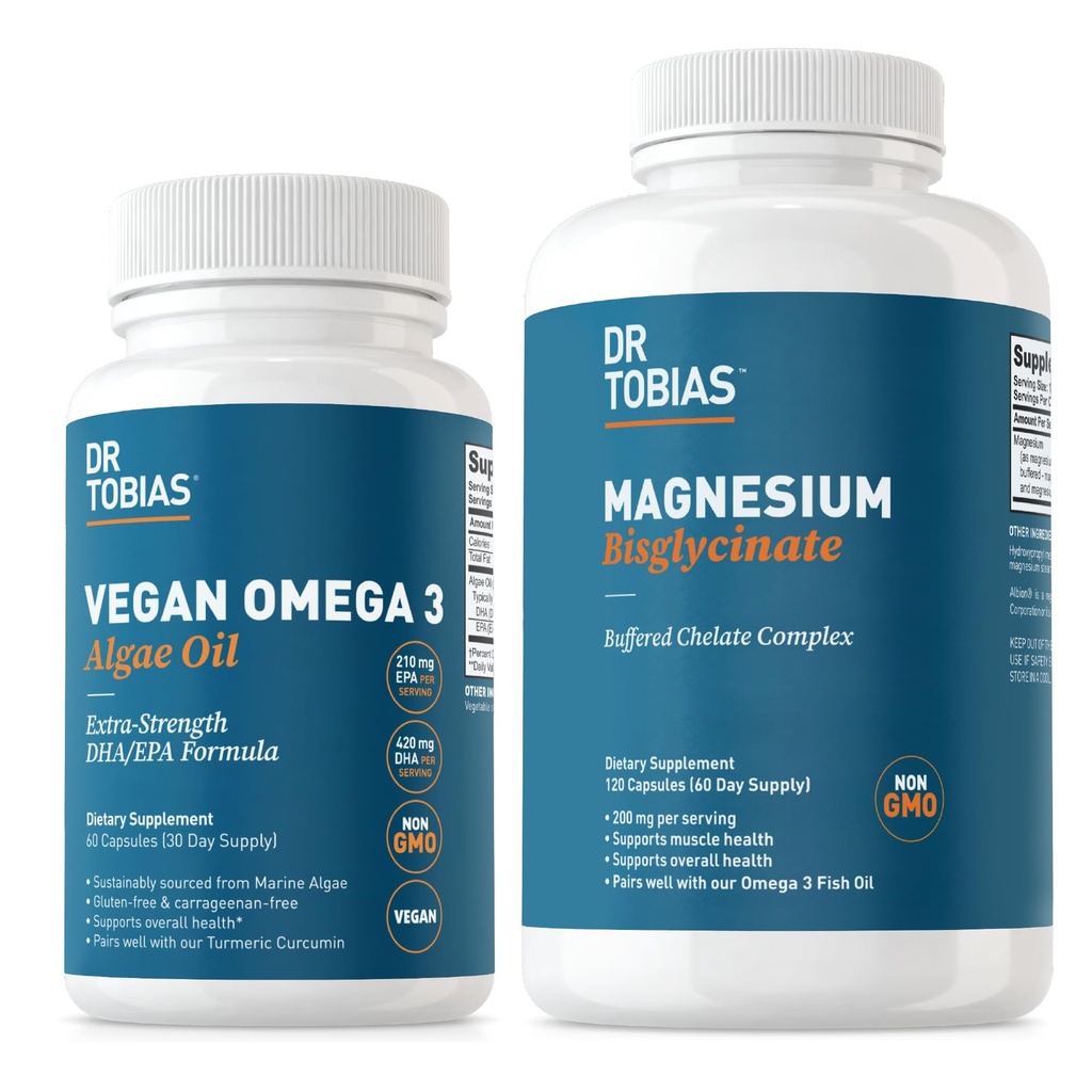 Tobias Vegan Omega博士 3 藻类油和镁比斯格利茨,心脏、脑、肌肉和骨质健康的基本健康支持,Non-GMO, Vegan