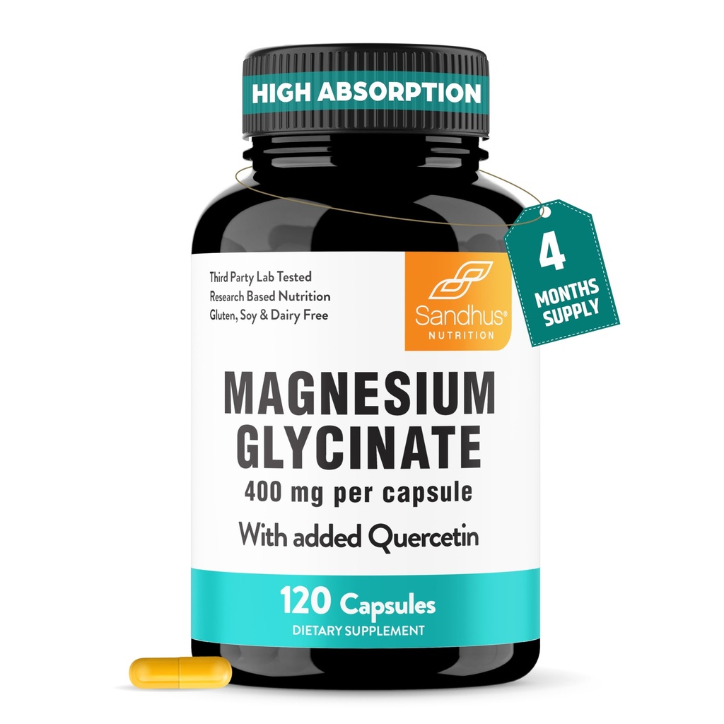 桑德胡的"甘油镁"400mg Capsules 配有 Quercetin 质量睡眠,放松,肌肉健康与免疫支持 120 Counter (Pack of 1) 女性和男性容易吞咽