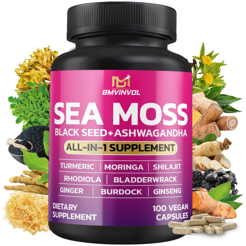 BMVINVOL Sea Moss 黑种子 Shilajit Ashwagandha + Bladderwrack, 姜, 莫林加, 涡轮, Burdock, Ginseng, Rhodiola Rosea - 100 卡普勒斯