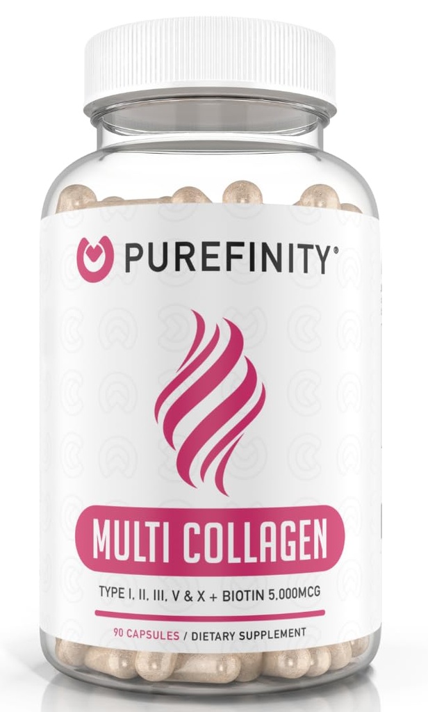 用于妇女的PUEFINITY Collagen Peptides -- -- 一类、二类、三类、V类和X类含Biotin和Hyaluronic酸、支持健康皮肤、骨骼、头发和钉子 -- -- 非GMO、草鳍(90个卡普尔,1个月供应)