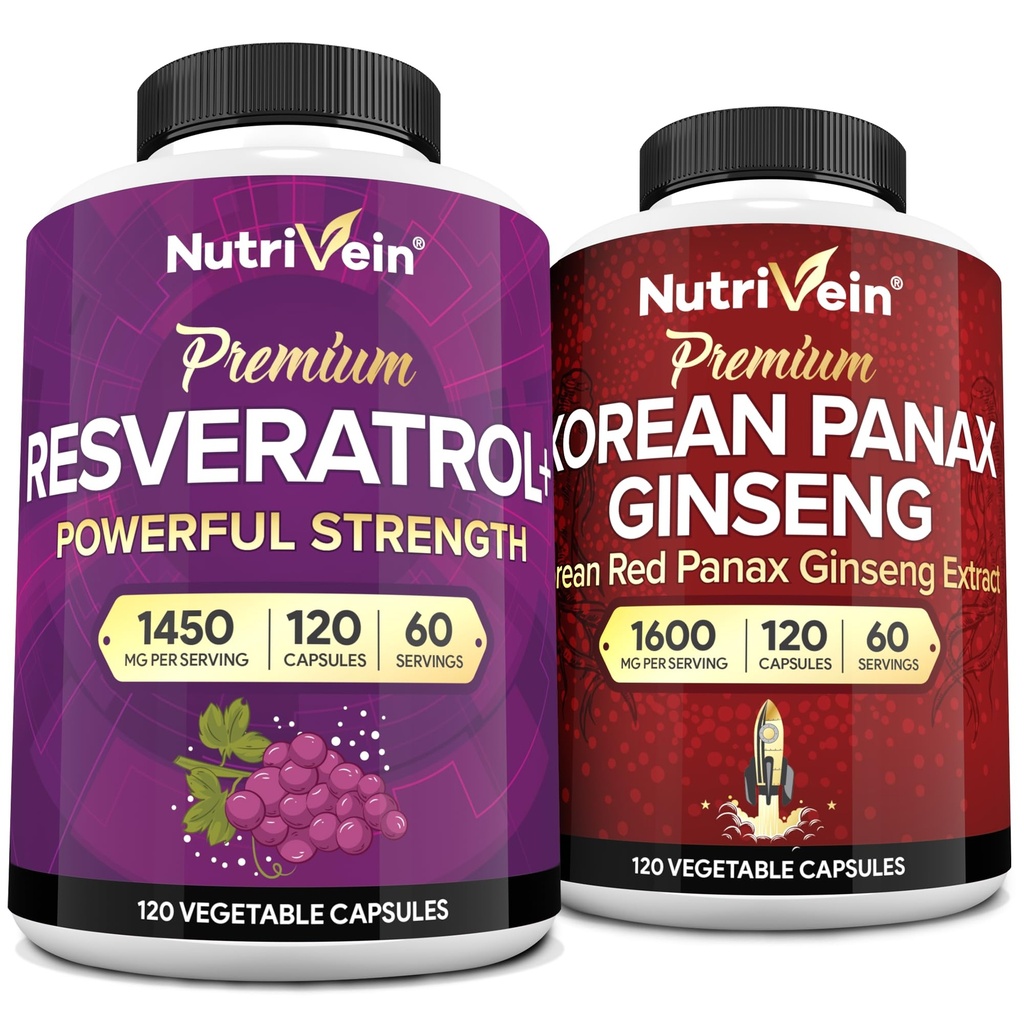 Nutrivein Premium Korean Panax Ginseng 补充和Resveratrol 补充 Bundle:大脑、防御、修理和生命力的高吸附Resveratrol Capsules & Ginseng
