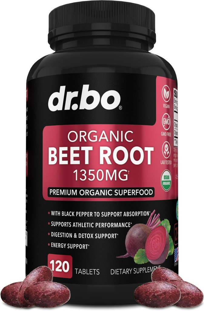 有机甜菜根卡普尔补充剂 - 1350mg Beetroot 粉末提取剂 有机甜菜根卡普尔补充剂 超级硝酸盐 Beets 高流通 维生素支持总量 - 120个甜菜片
