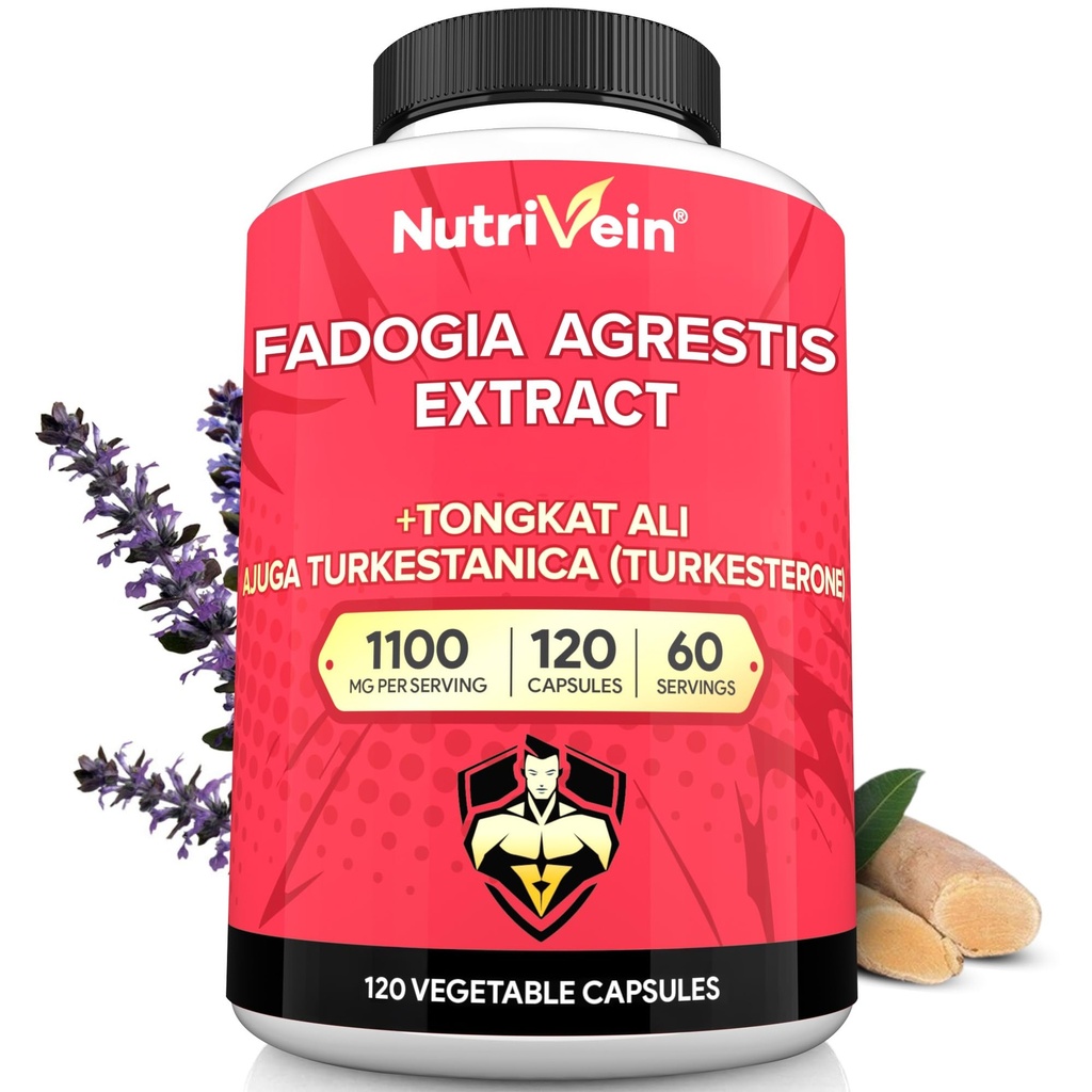 配有Turkesterone的Nutrivein Premium Fadogia Agrestis和Tongkat Ali补充剂 - 1100 mg - 120 Caps - 所有年龄的男女的性能、力量和康复协同剂