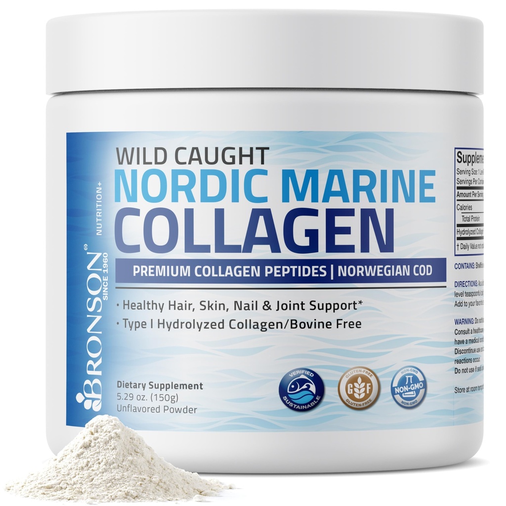 Bronson Marine Collagen Peptides 水解蛋白粉 100% 野生捕虫 北欧鳕鱼 硫磺皮毛钉和骨头可持续来源 150g(5.29oz)