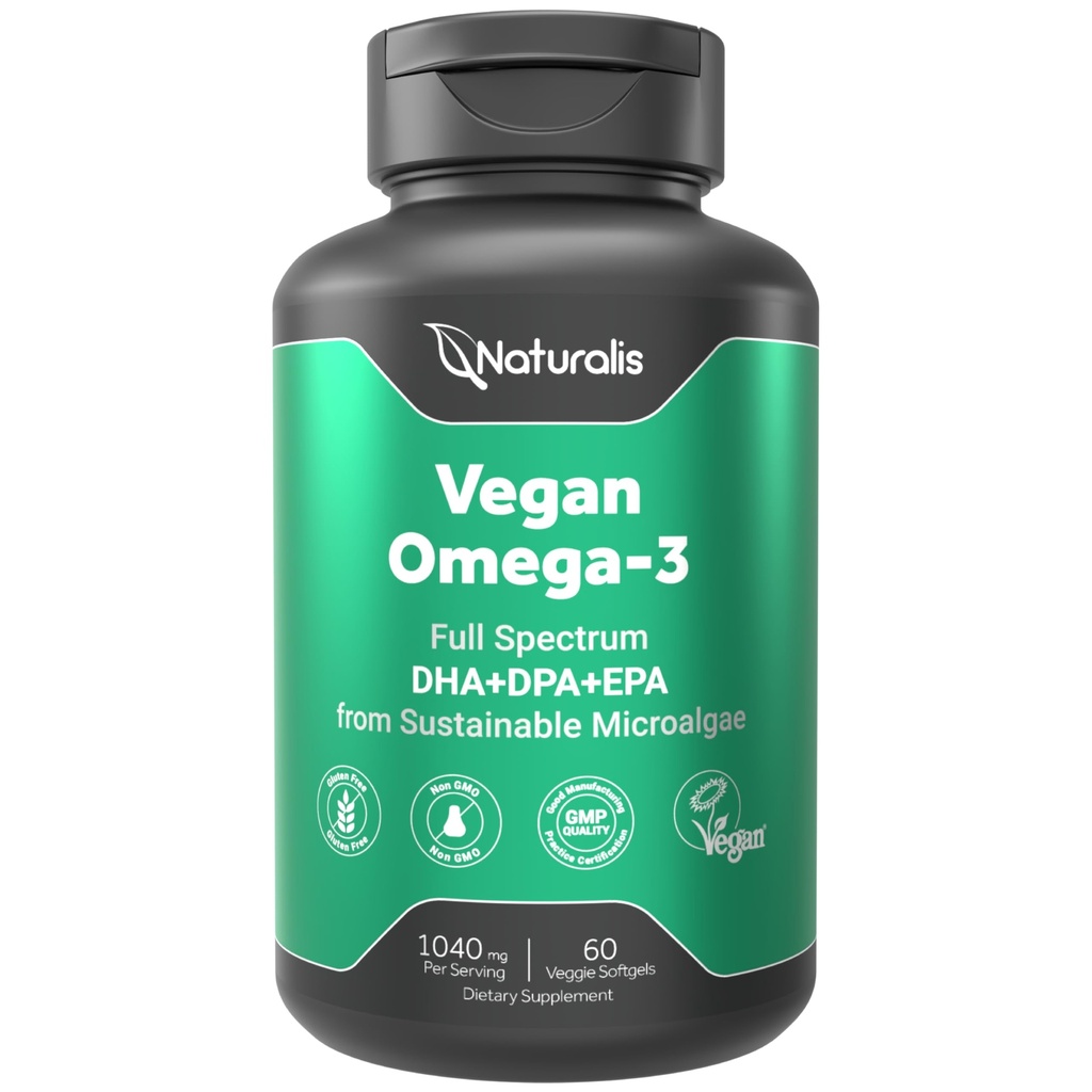 Naturalis Vegan Omega 3 DHA, EPA & DPA 来自藻类协会认证,可持续来源,真实全谱 QQ 60 Veggie Softgels (Carragenan Free)
