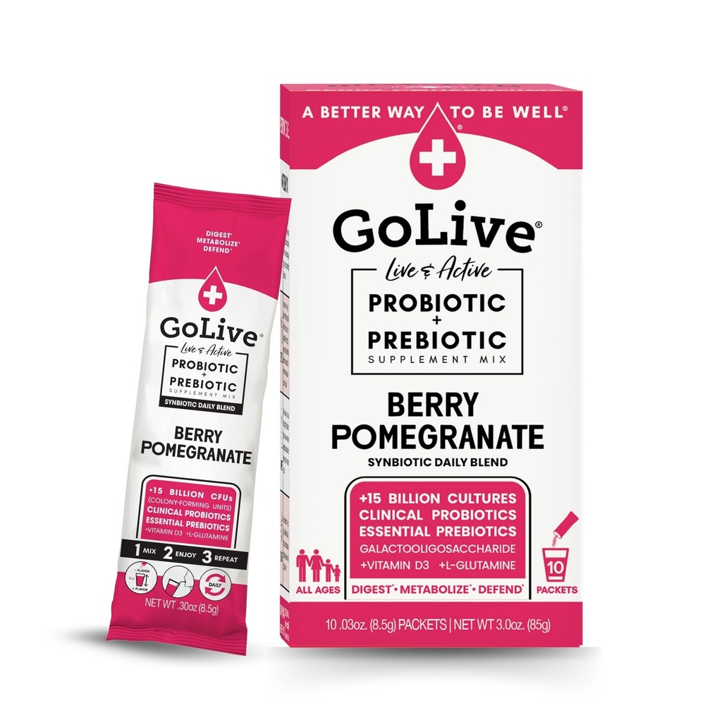 Golive Prebiotic and Probiotic for Women, Men, Kids. (原始内容存档于2018-09-09) (英语). Berry Pomegranate Synbiotic Powder w/L-Glutamine,维生素D3,电解质. 对于古特健康,文摘,代谢,豁免 15-50B CFUs.