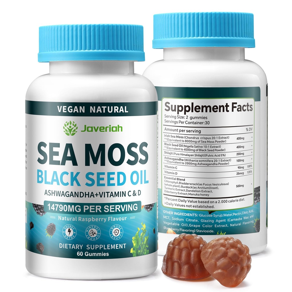 Vegan Ashwagandha Sea Moss Gummys - 黑种子油,维生素C & D 支持免疫,消化剂,抗氧化剂 13 in 1 Bundle, Sea Moss 氯phyll 高级强力公式 2Pack 120 Gummys