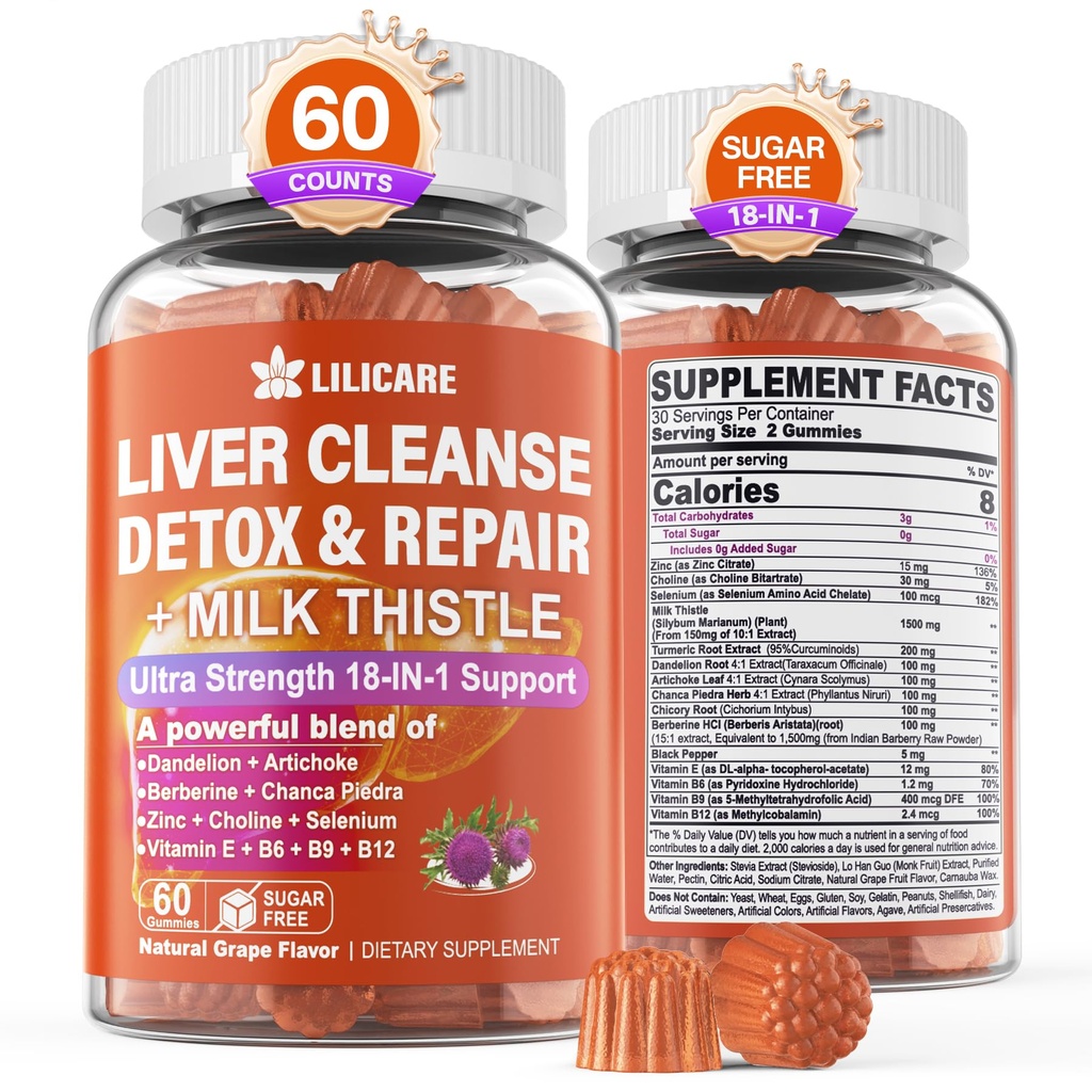 1 Pack 牛奶 硝酸甘油 18-in-1 Liver Cleanse Detox & 修补 配有柏柏林,奇科里根,图尔美,蒿科,丹德利翁根,钱卡派德拉,维生素 B6 B12 - 无糖