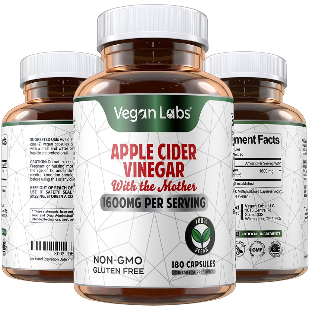 Vegan Labs Apple Cider Vinegar Capsules with The Mother - 180 Vegan Capsules, 1600MG Per service - 100% Natural ACV Pills - 支持健康消化,Keto,体重管理,解毒和免疫系统