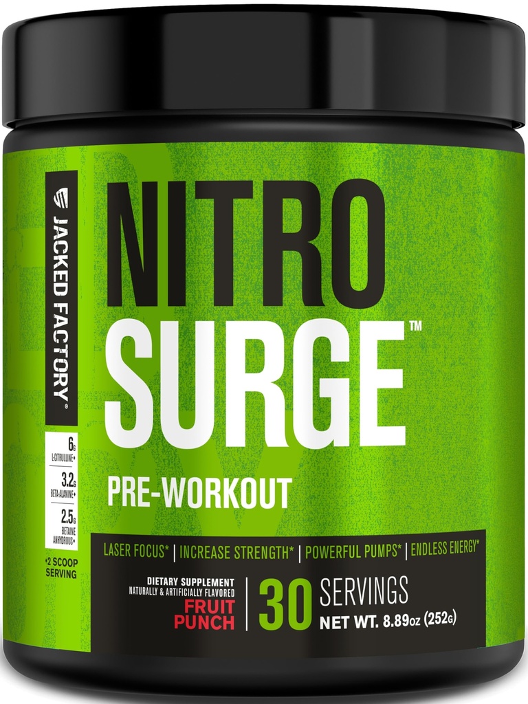 Jacked Factory NITRSURGE Pre Workingout Supplement - 无穷无尽的能源,即时强力增益,清晰的焦点和强度泵 - NO Boster & Powerful Preworing Energy Powder - 30 services, Frue Punch