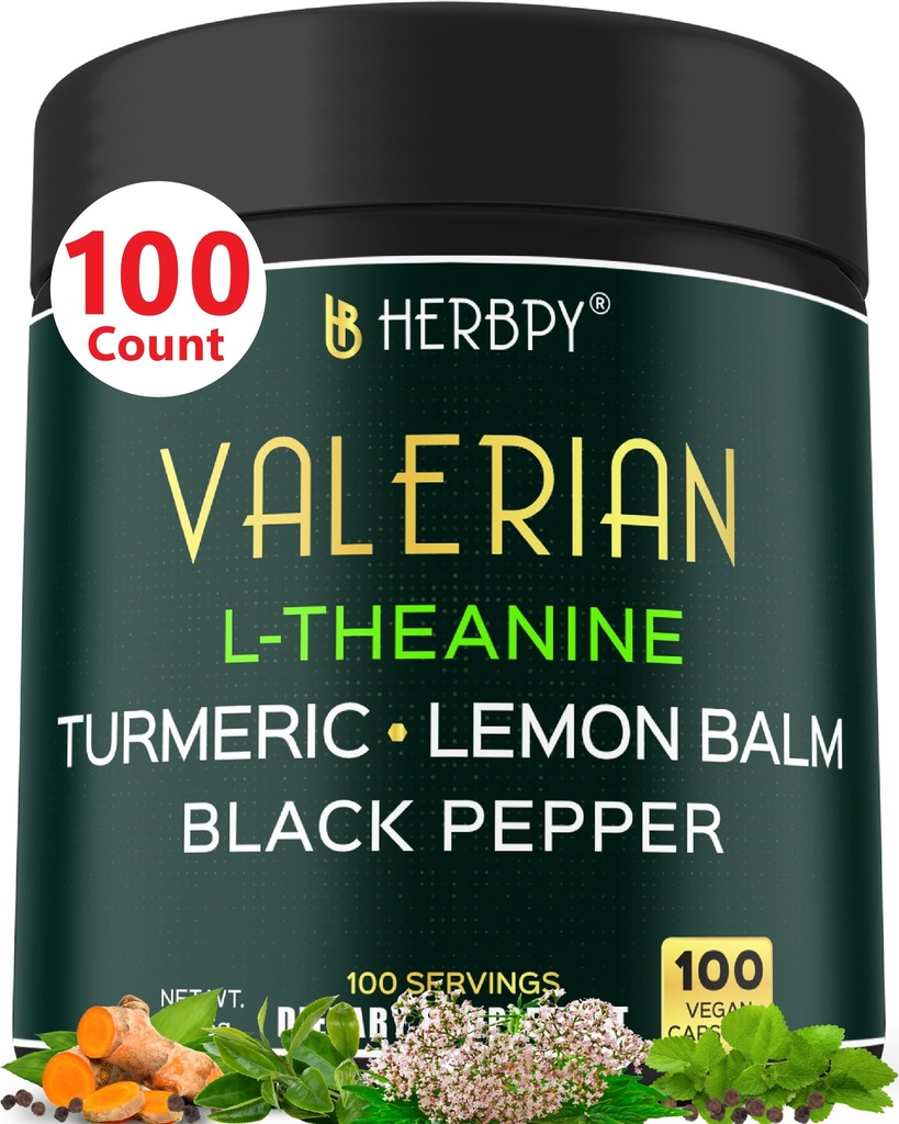5in1 Valerian Root Capsules Plus L-Theanine,柠檬浆,Turmeric和Black Pepper 用于放松,休息之夜,文摘和免疫支持-100个计数