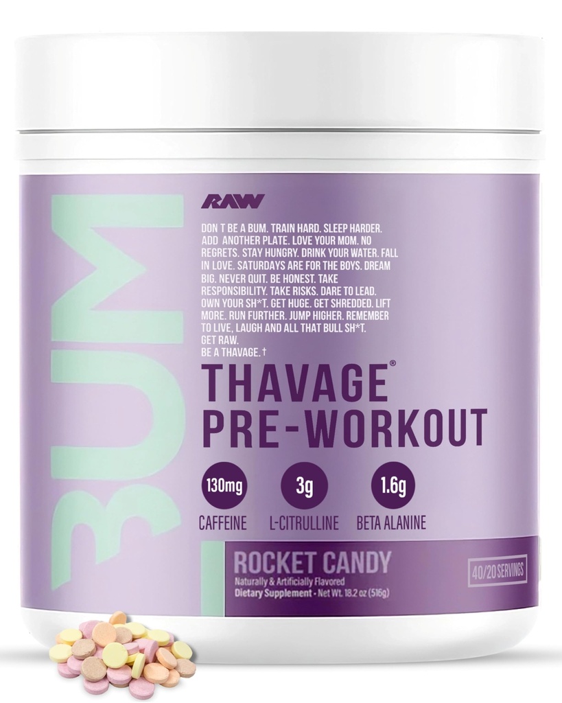 RAW 工作前粉,Thavage (Rocket Candy) - Chris Bumstead 男女运动营养补充剂 - 工作、水分、精神重点和能源的预研 - 40种服务
