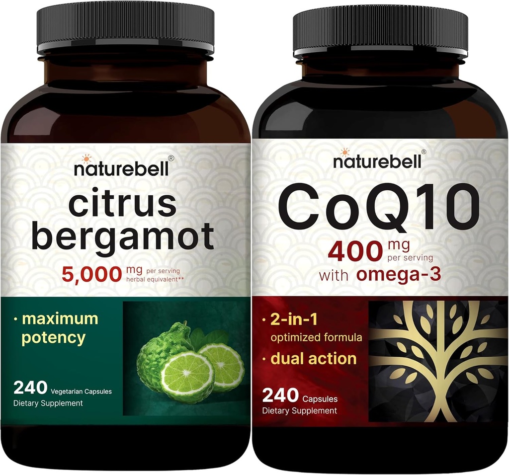 NatureBell CoQ10 400mg Capsules with Omega 3 Fatty Acids & Citrus Bergamot Vegules 5,000 mg 等效包包 稳定高吸收形式 高抗氧化剂水平