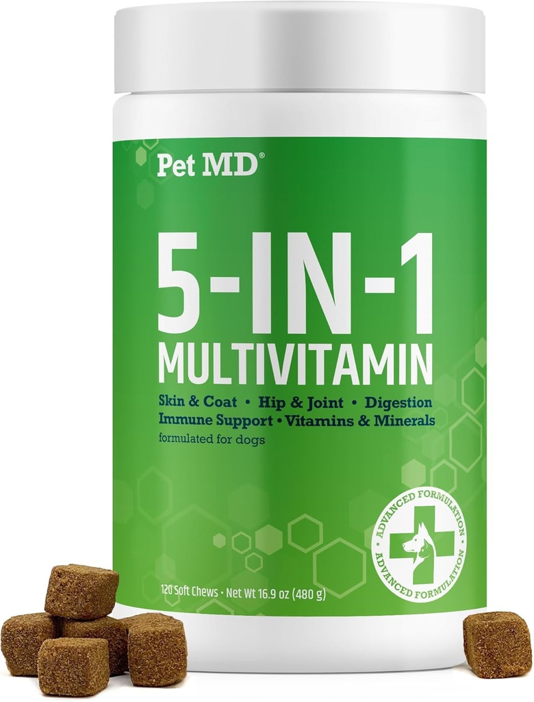Pet MD 5in1 多维他明 -- -- 30种基本维生素、矿物和营养素,用于皮肤和衣服、Hip & Joint、文摘、Imune & 老年狗维生素 -- -- Glucosamine、Omega 3 6 9和Probiotics -- -- 120克特