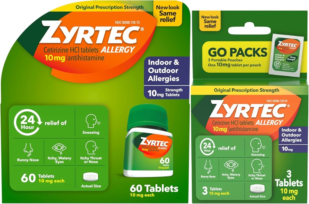 Zyrtec 24小时过敏药片、室内和室外过敏药片,每安非他明药片10毫克Cetirizine HCl, Bundle Pack, 60 cm + 3 cm 旅行药片, 63