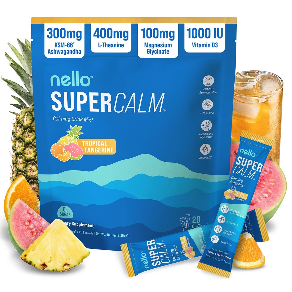 Nello Supercalm Powdered drink Mix,热带丹哲,L Theanine,Ksm-66 Ashwagandha,Glycnate镁,维生素D 3,放松和聚焦的补编,天然,无糖,非转基因生物,20 Srvg